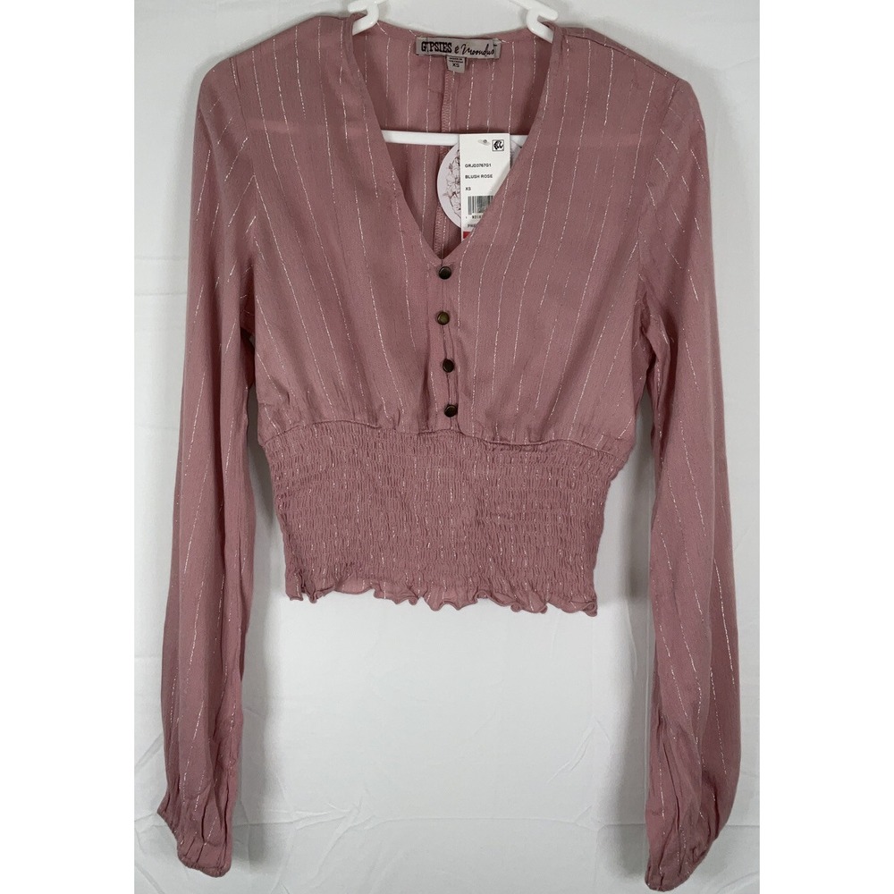 NWT Gypsies & Moondust Blush Rose Silver Pinstripe Smocked Blouse - XS‎